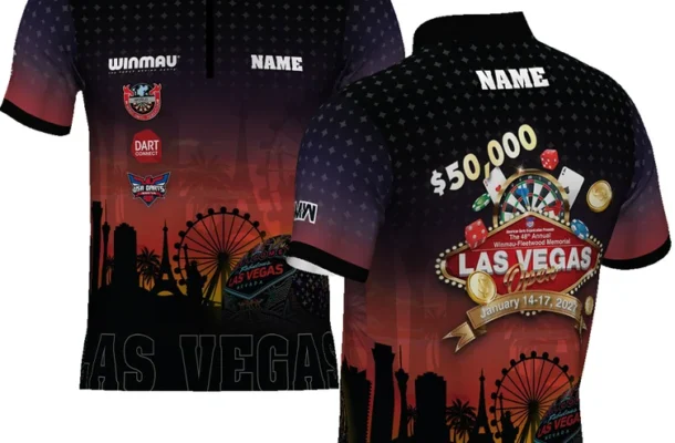 Front and back of the 2027 official Las Vegas Open jersey, with a black and purple design and Las Vegas skyline.