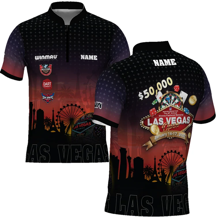 Front and back of the 2027 official Las Vegas Open jersey, with a black and purple design and Las Vegas skyline.